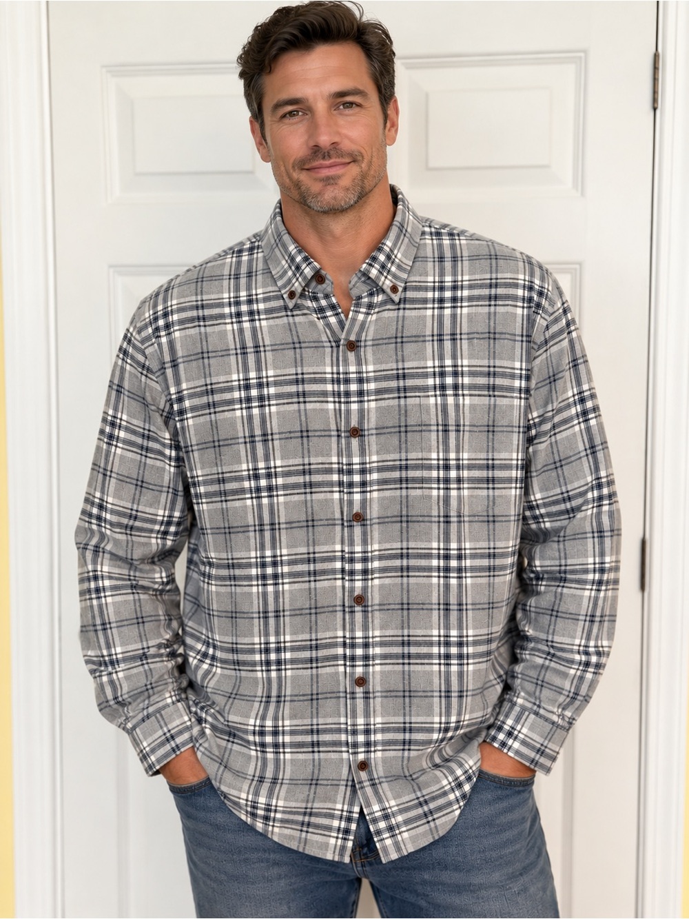Goodthreads Men’s XXL Slim Fit Plaid Button Down Shirt Gray Navy 100% Cotton
